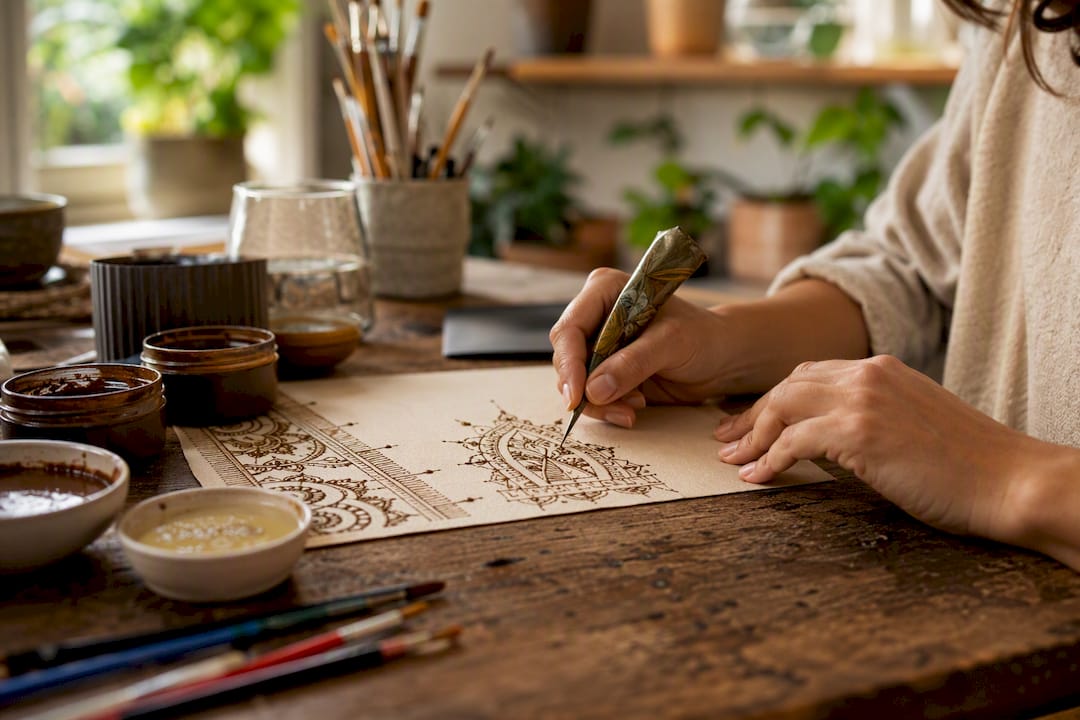 Hands drawing henna floral motif on practice paper