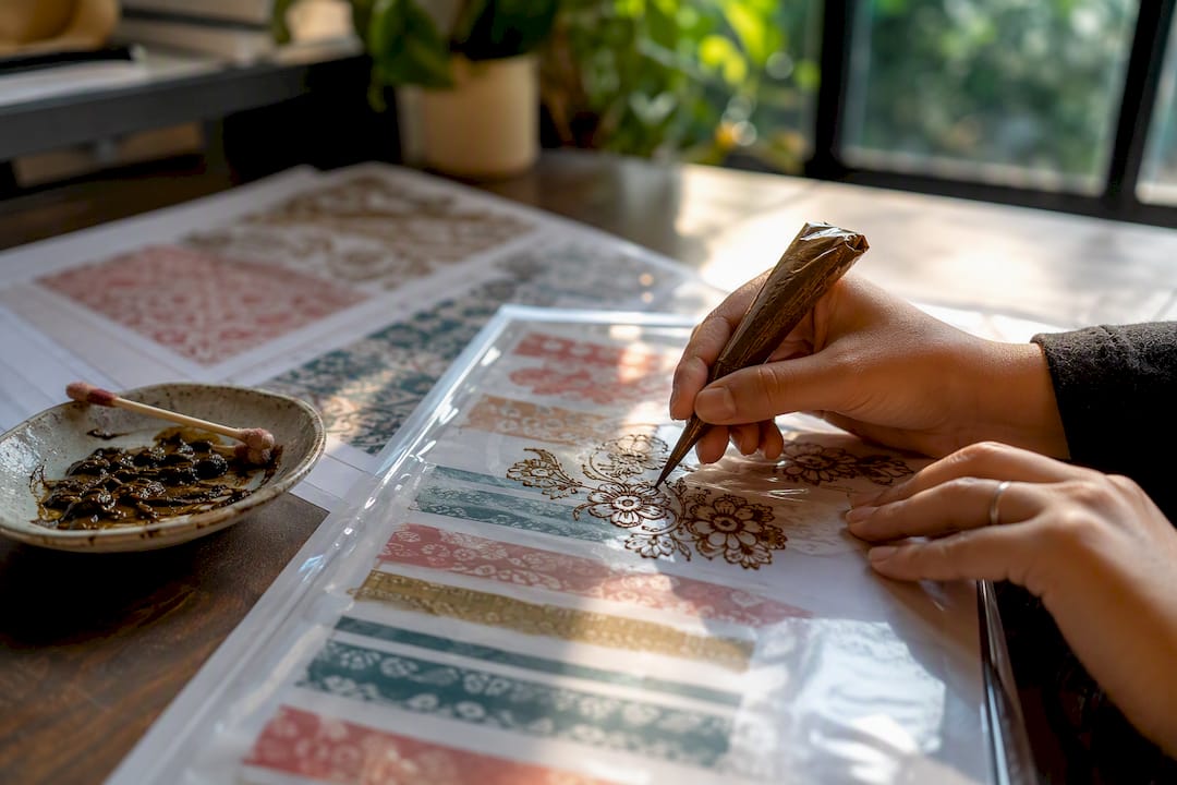 Tracing henna practice sheet with natural henna cone