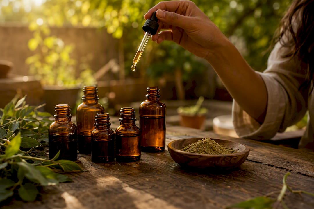 Bottles of essential oils beside henna powder
