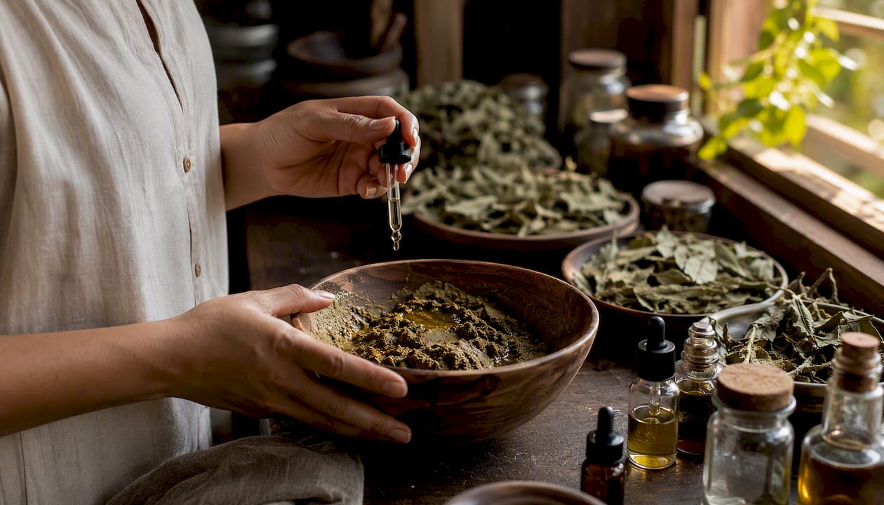 Hands mixing henna paste with essential oils