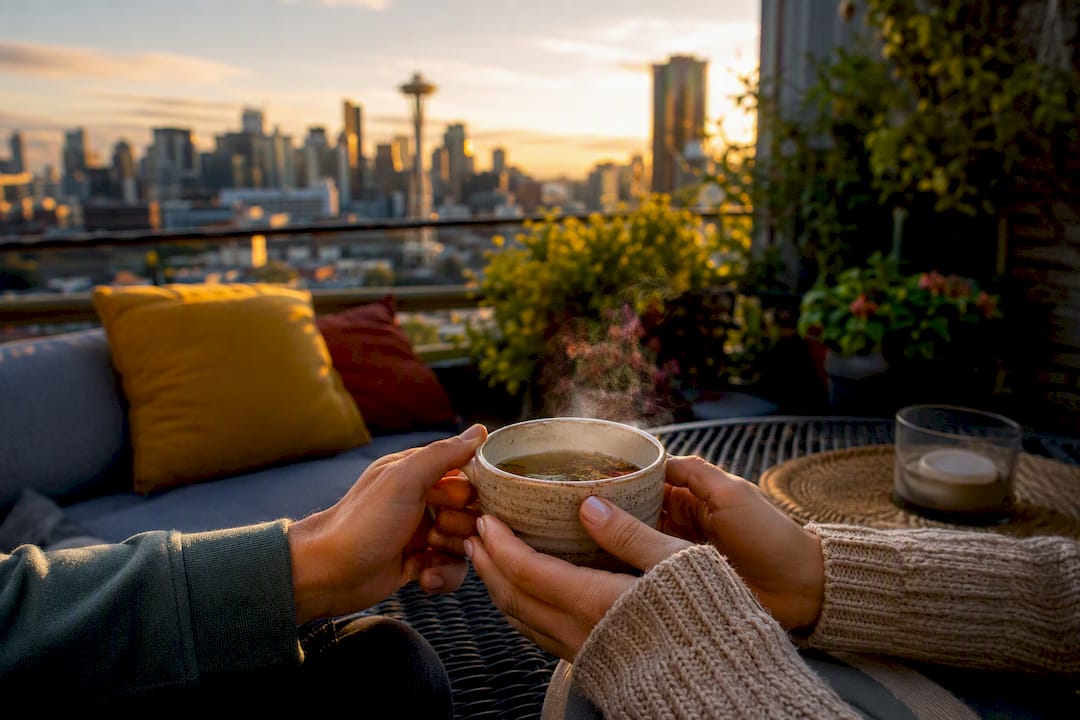 Couple enjoying sunset cruise on Seattle waterfront