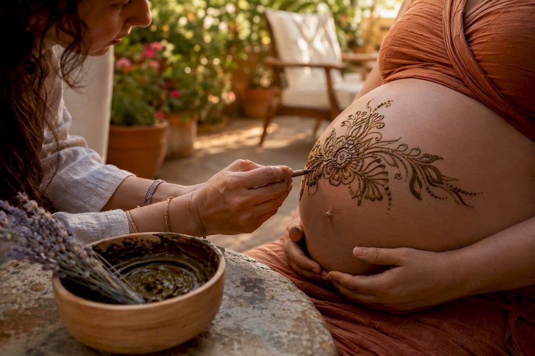 Close-up of henna application on pregnant belly