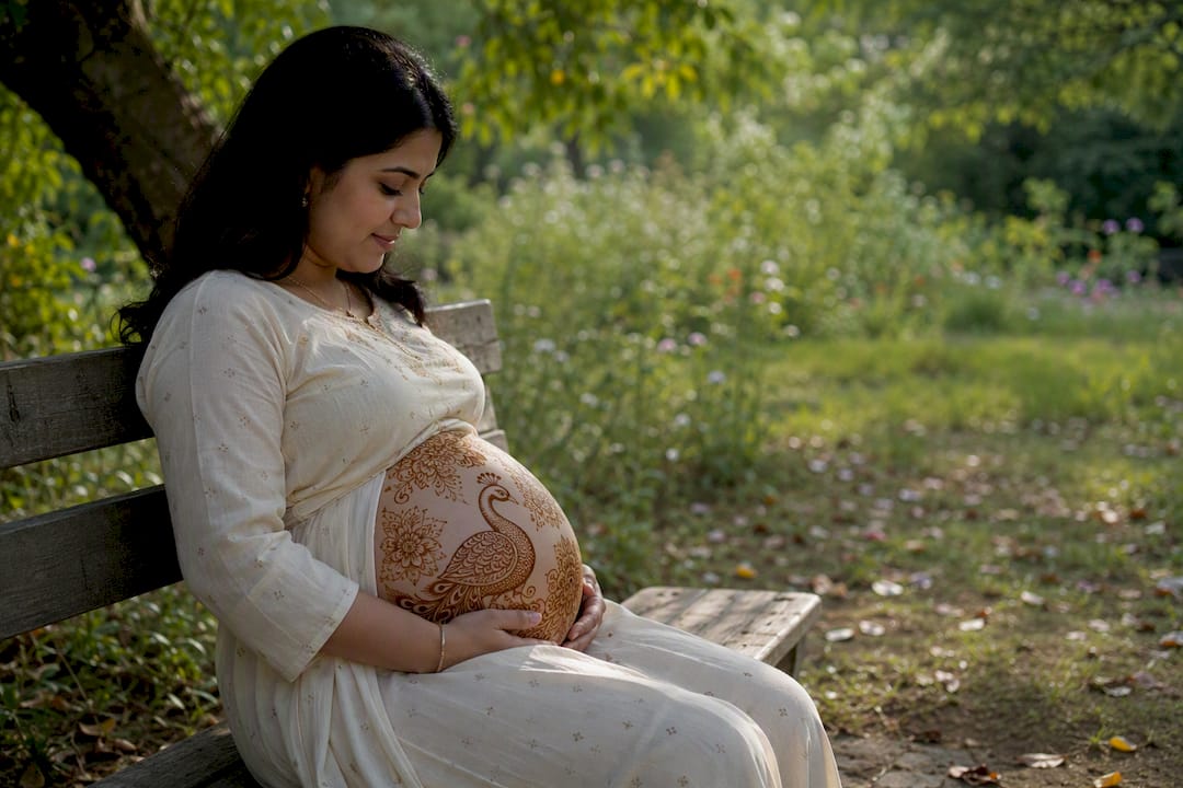 Pregnant woman with floral henna in wildflower field