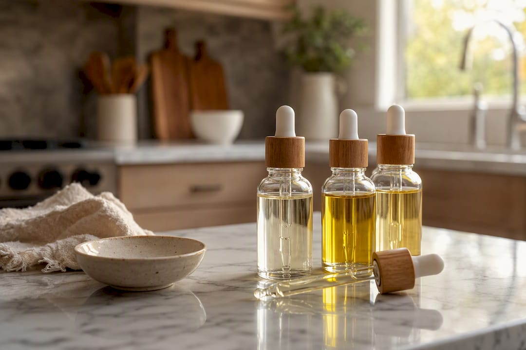 Bottles of natural oils for henna care
