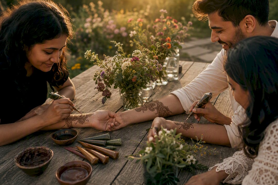 Couple applying matching henna designs on forearms
