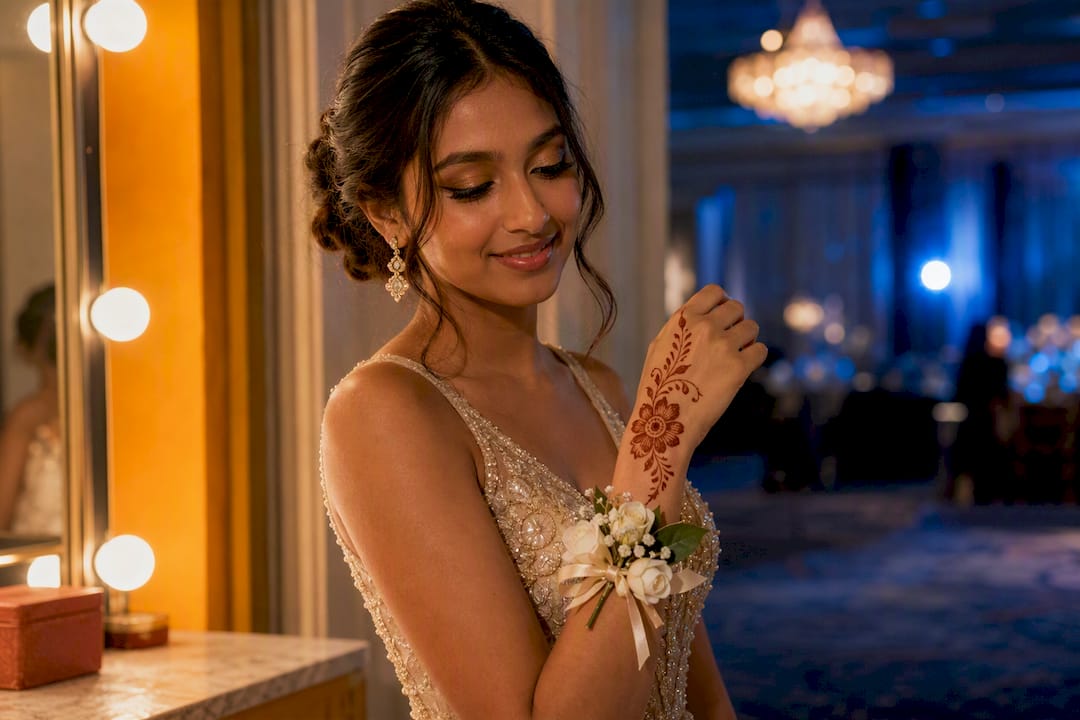 Prom attendee showing henna beside corsage