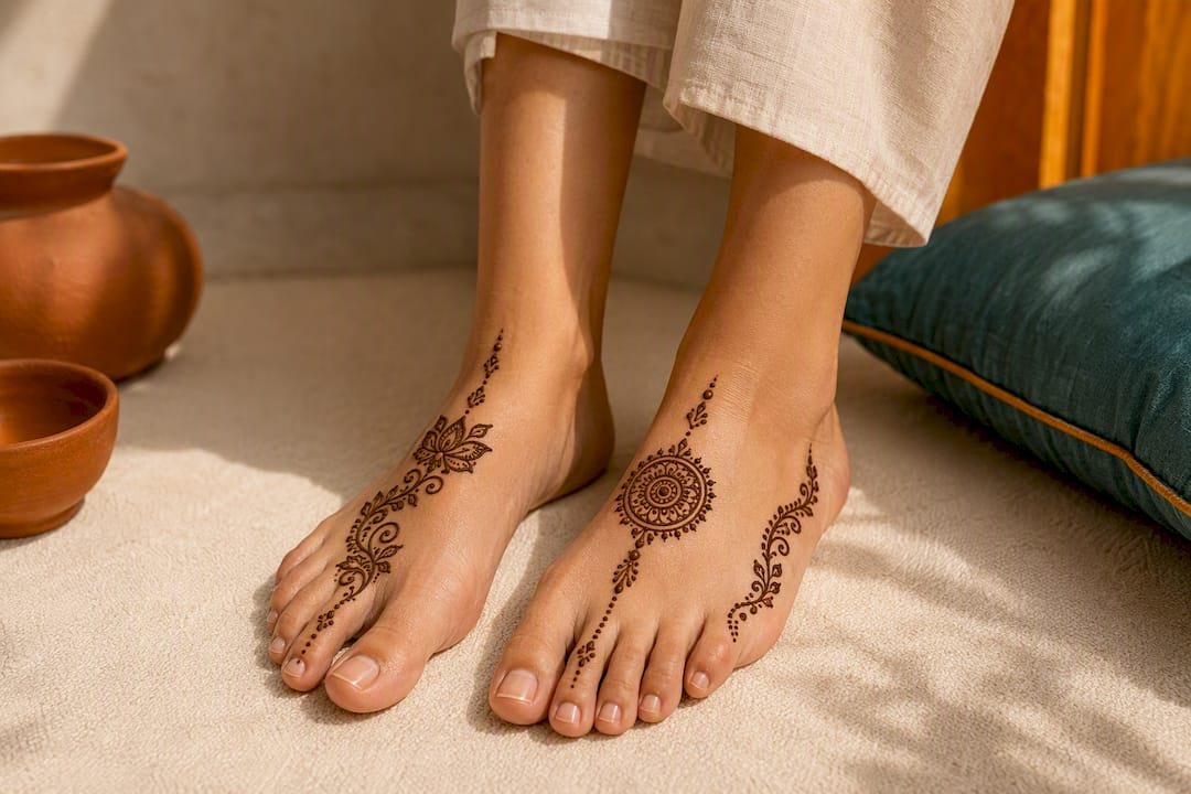 Five simple henna patterns on decorated feet