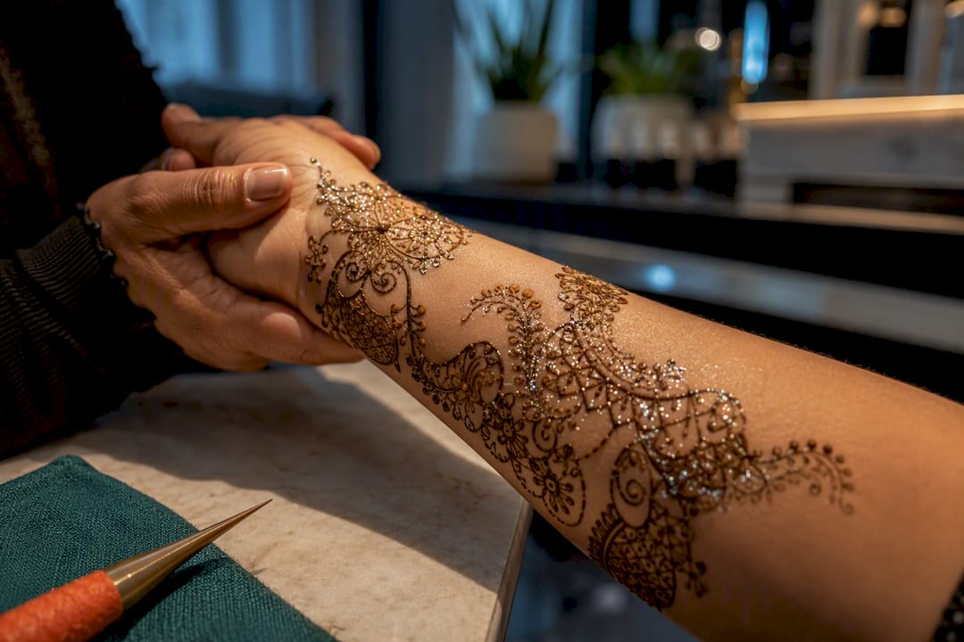 Fine glitter over delicate henna linework