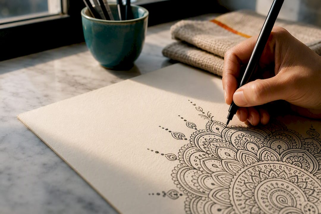Hand drawing a mindful henna-inspired pattern