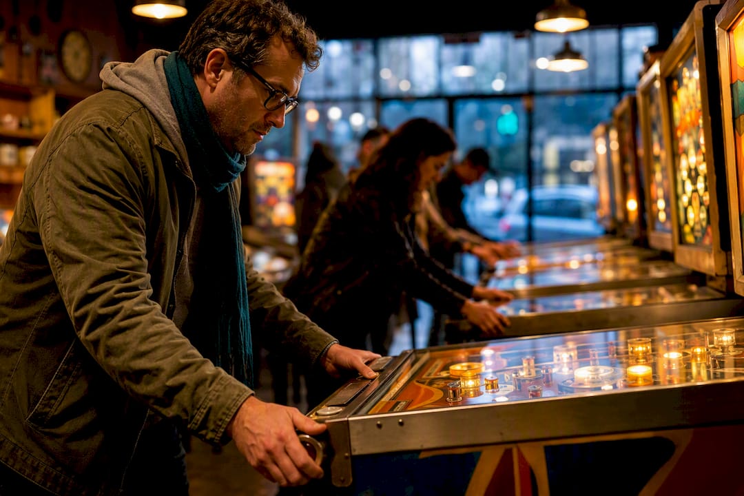 Adults playing pinball in an indoor Seattle venue