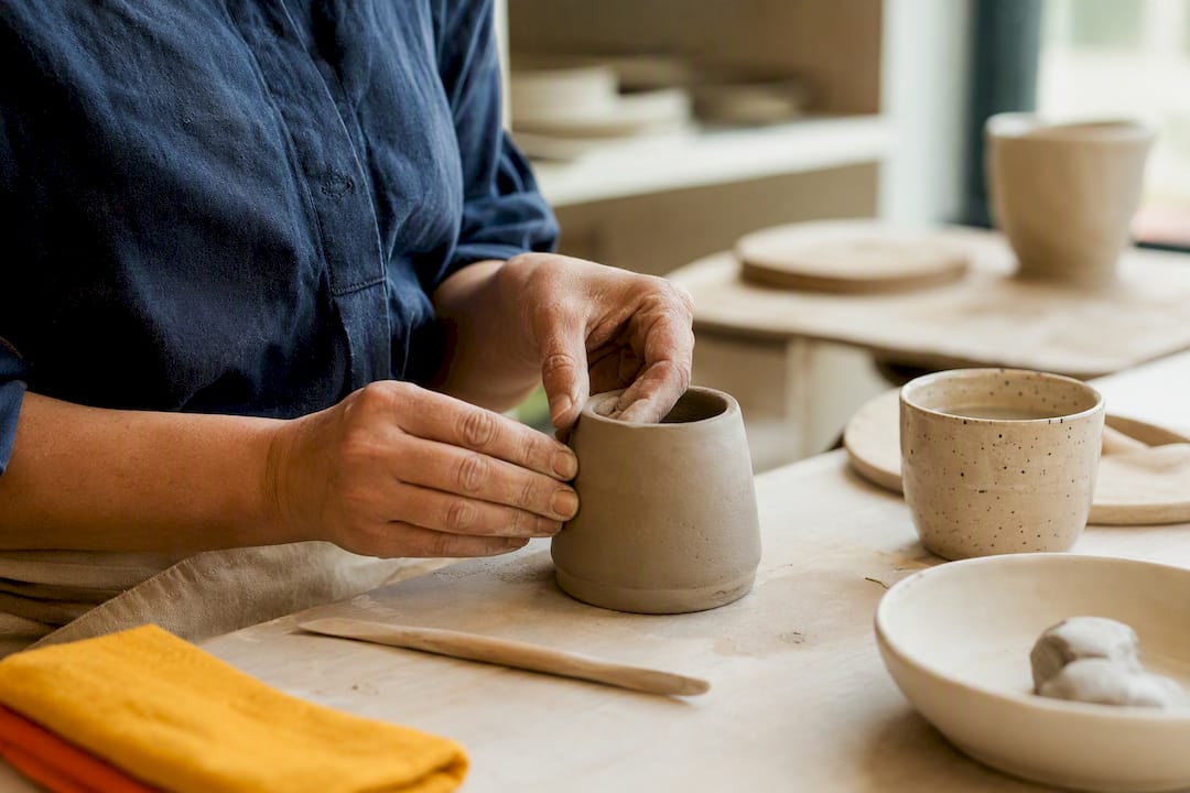 Adult shaping clay during a pottery class