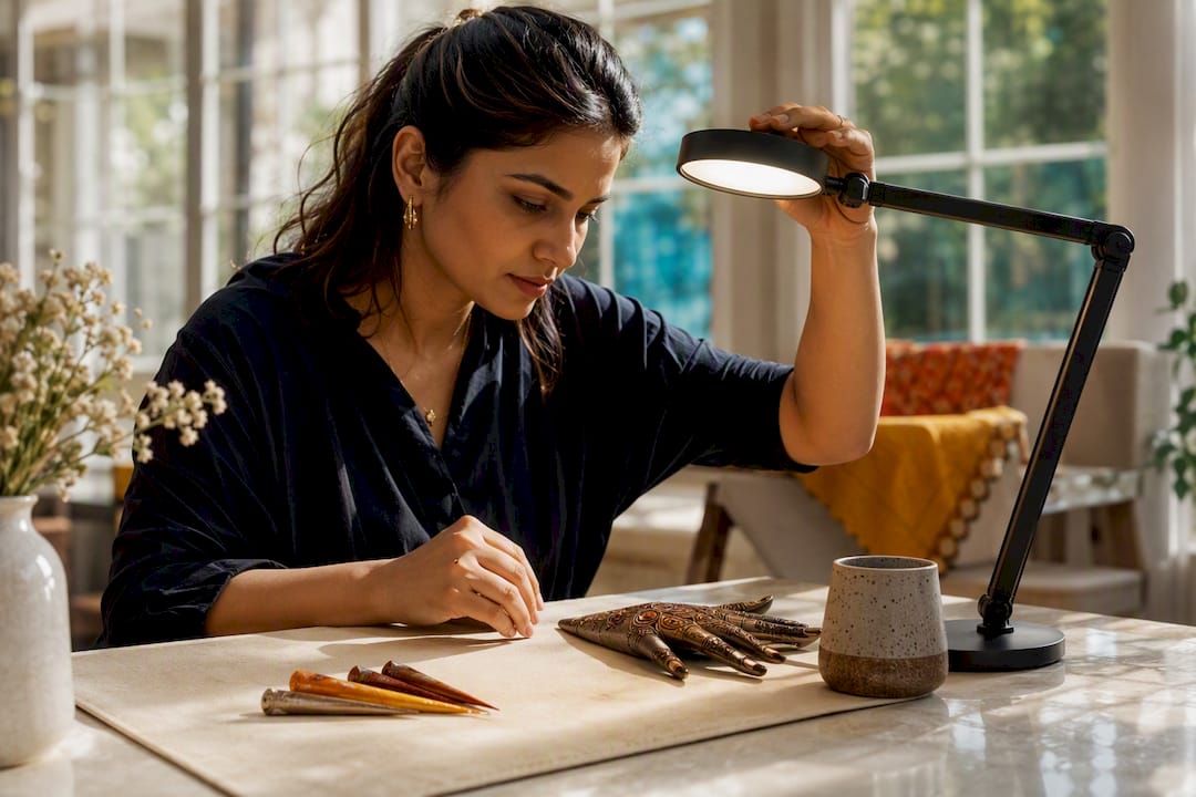 Lamp being tested beside a henna station