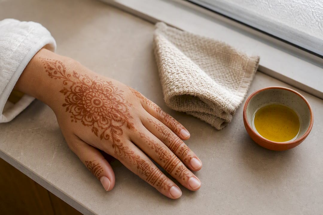 Fading mehndi stain beside exfoliating cloth