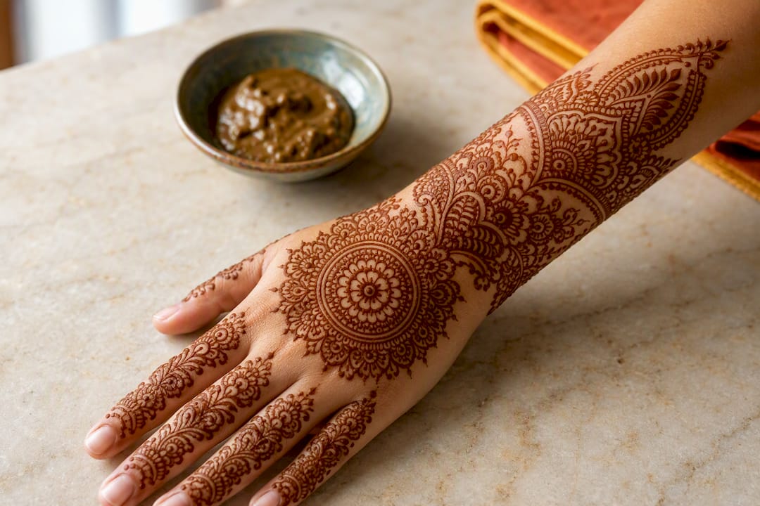 Intricate reddish-brown mehndi forearm design