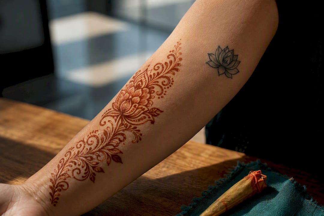 Henna pattern beside a healed tattoo