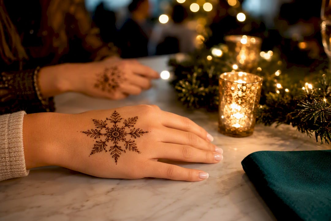 Festive snowflake henna design at holiday gathering