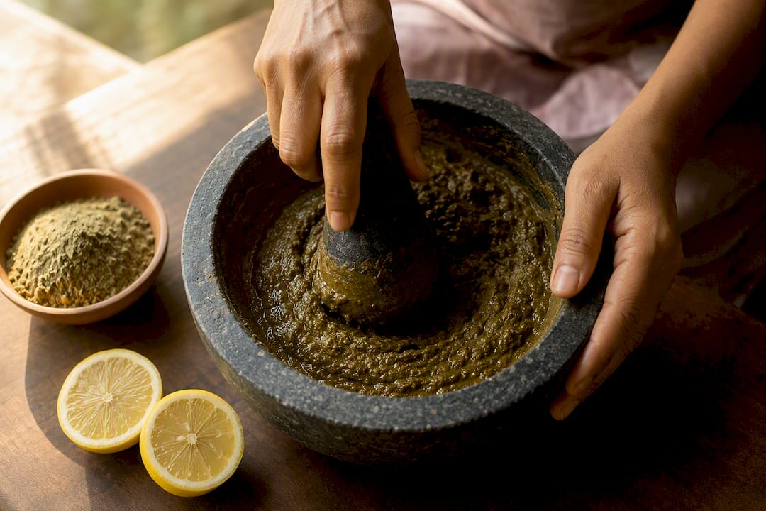 Hands mixing traditional henna paste ingredients