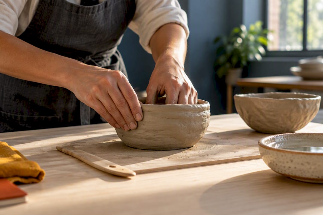 Hands shaping a clay bowl in pottery workshop