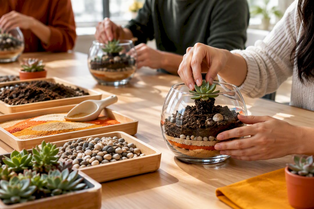 Participants assembling small succulent terrariums