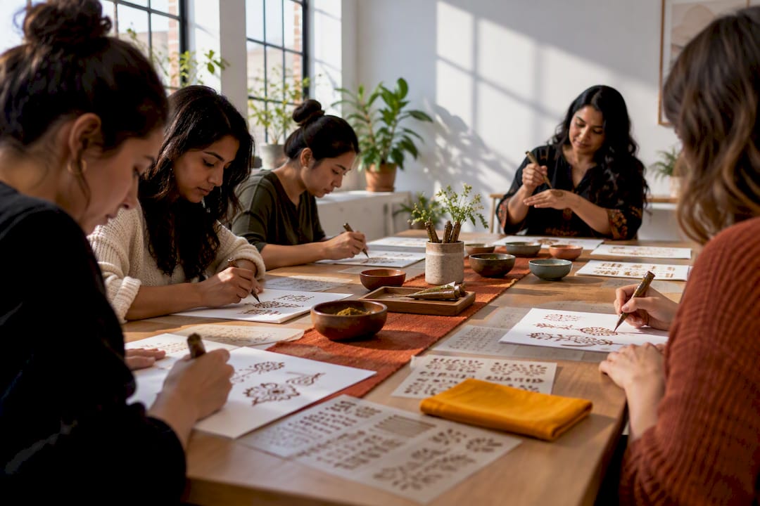 Participants practicing henna designs at workshop tables