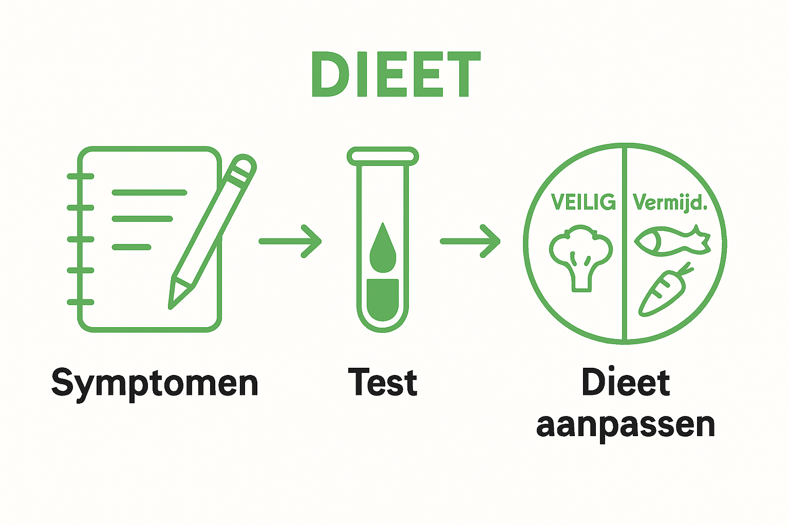 Drie stappen van voedselintolerantie test proces visueel