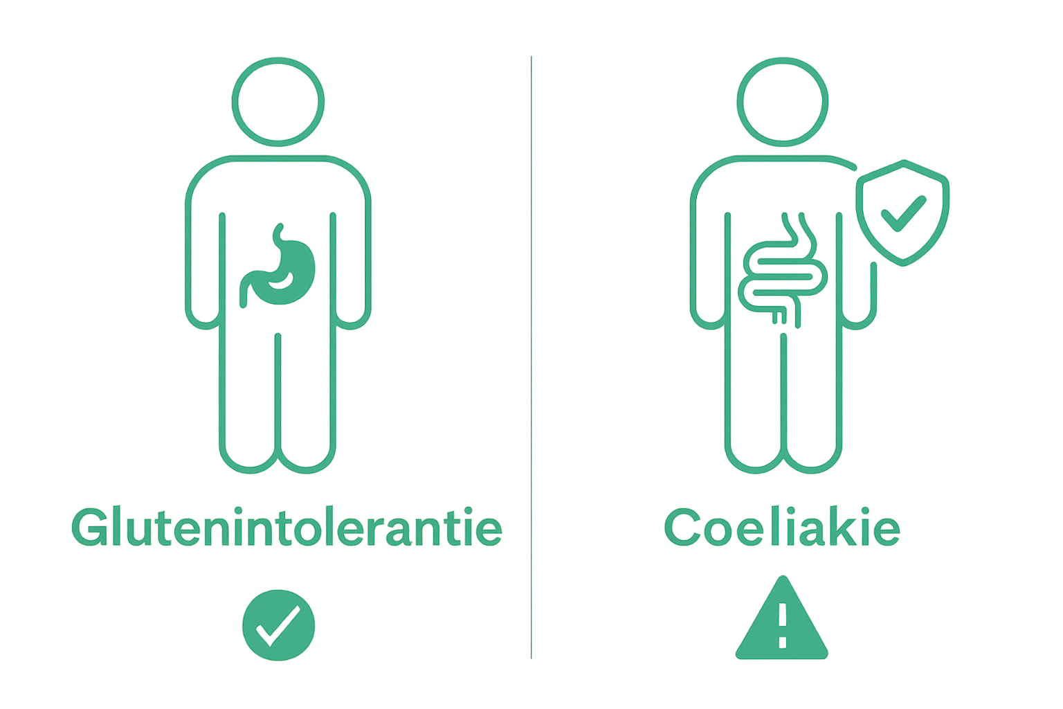Vergelijking tussen glutenintolerantie en coeliakie met illustraties van symptomen.
