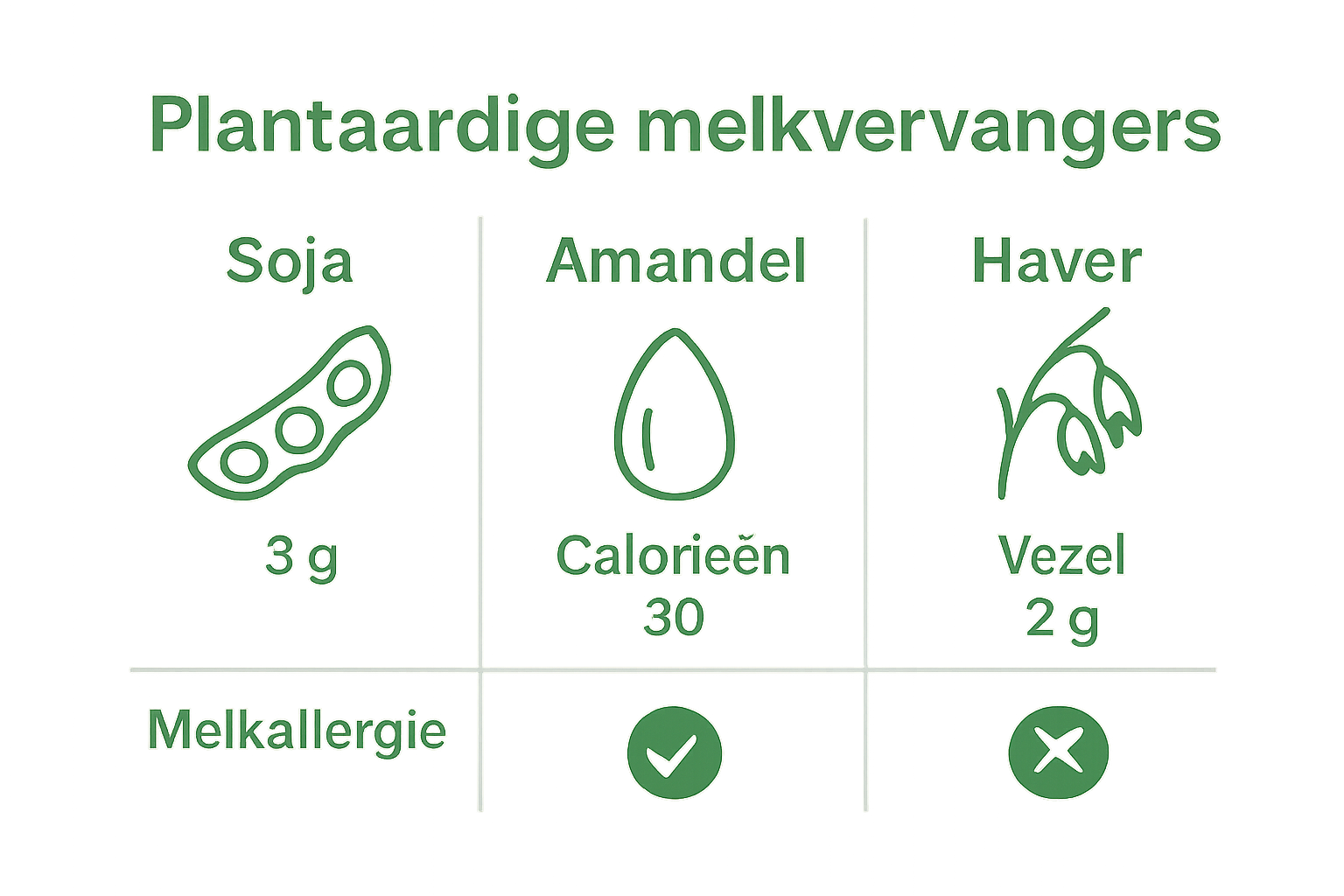 Vergelijking van drie melkvervangers met symbolen en kernwaardes