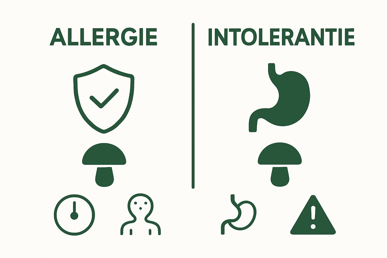 Visuele vergelijking champignonallergie en champignonintolerantie met symbolen voor immuunsysteem, spijsvertering, reacties en risico.