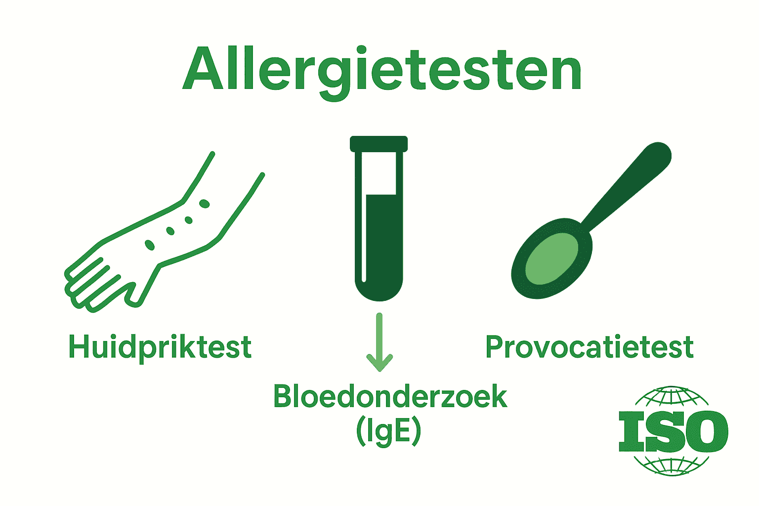 Infographic met vergelijking van huidpriktest, IgE-bloedtest en provocatietest
