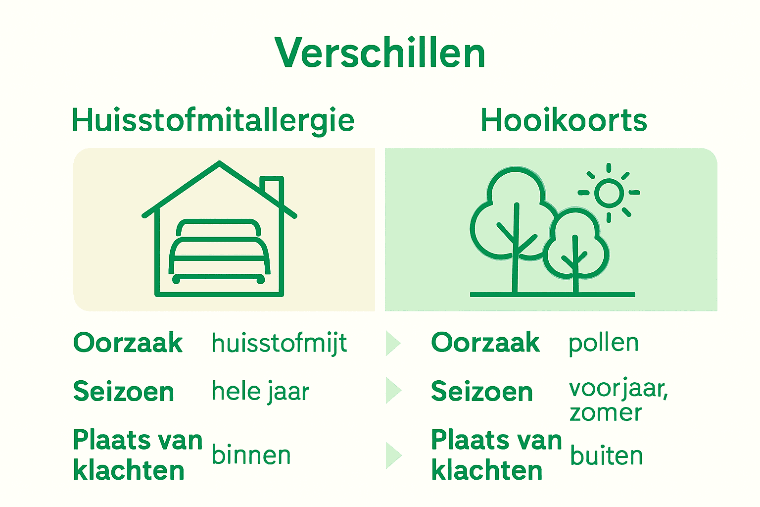 Infographic over het verschil tussen huisstofmijtallergie en hooikoorts