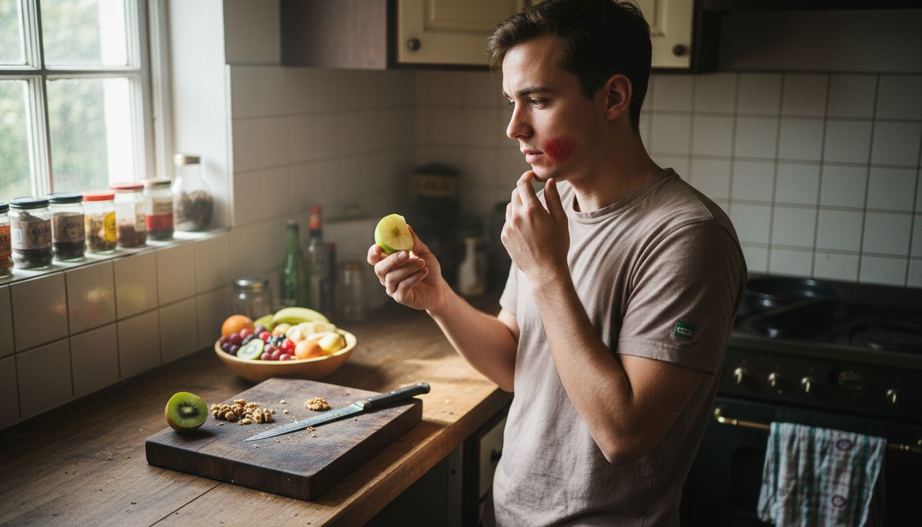 Man hesitating with fruit allergy in kitchen