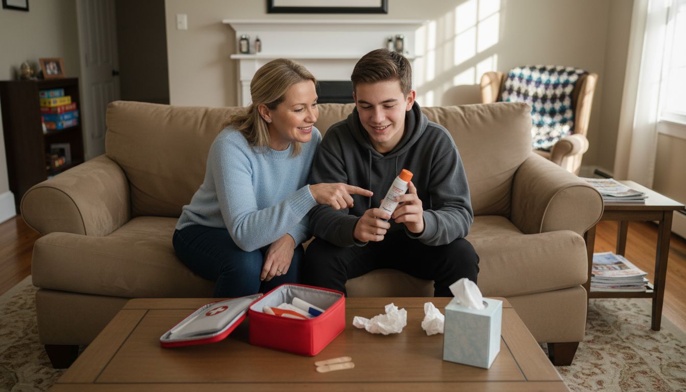 Boy learning emergency allergy measures at home
