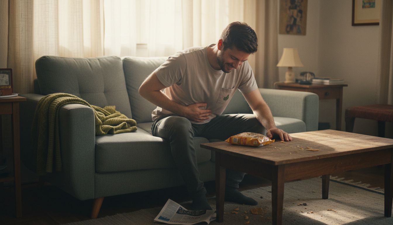 Man met buikpijn op bank thuis