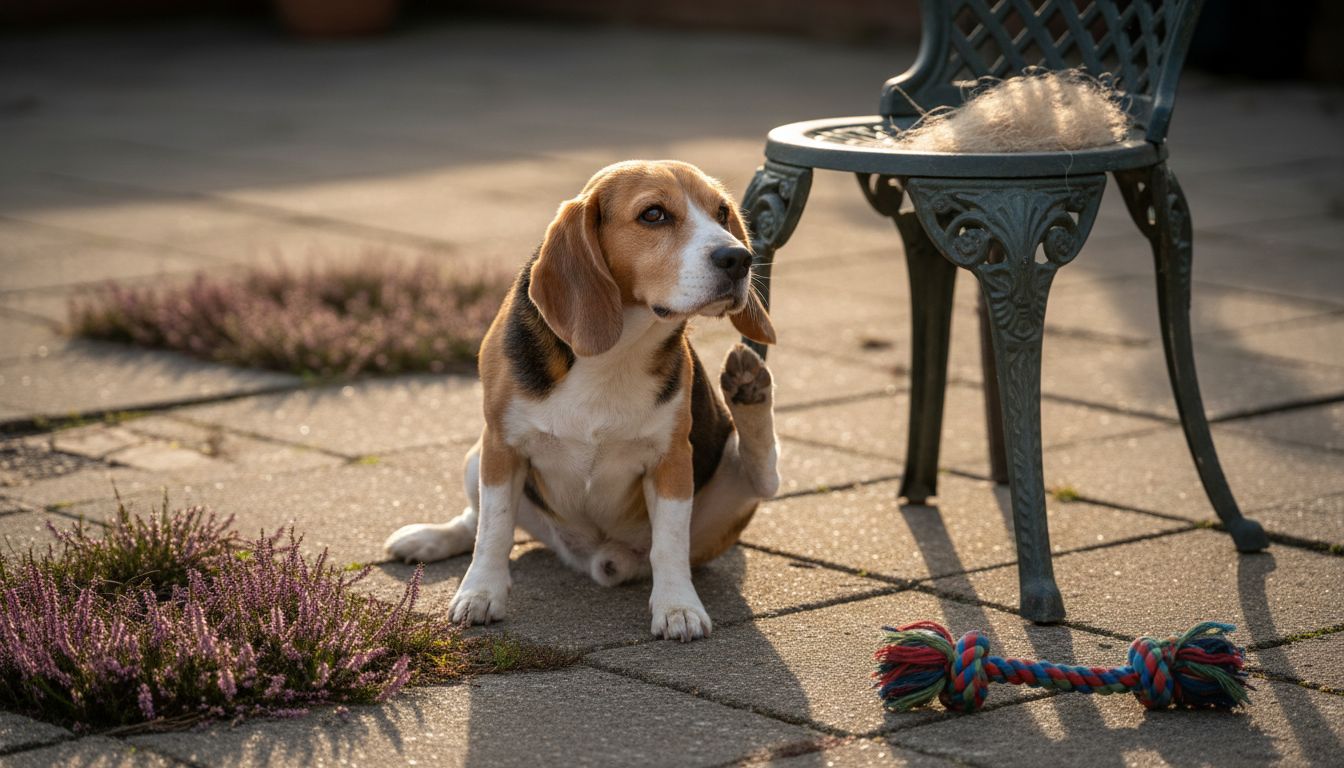 Beagle krabt door grasallergie op terras