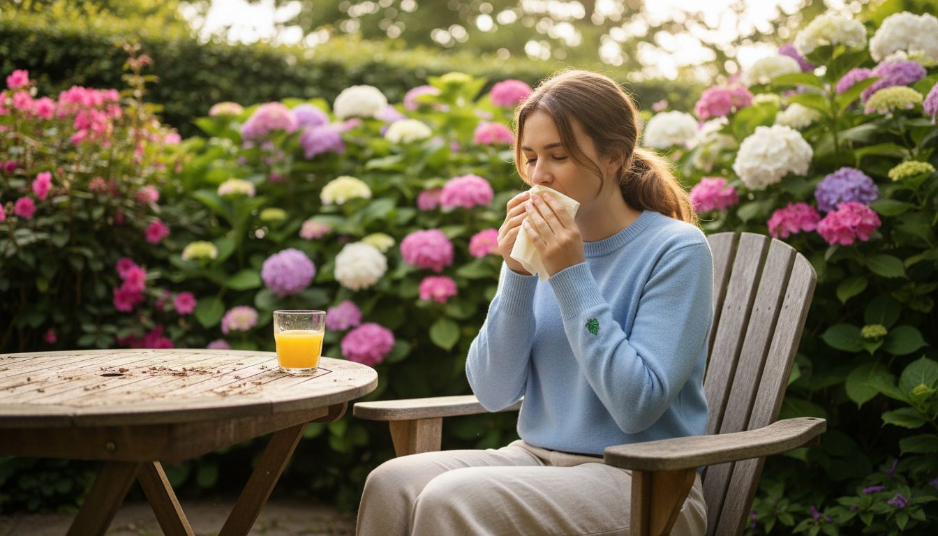Vrouw hoest met zakdoek tussen bloemen