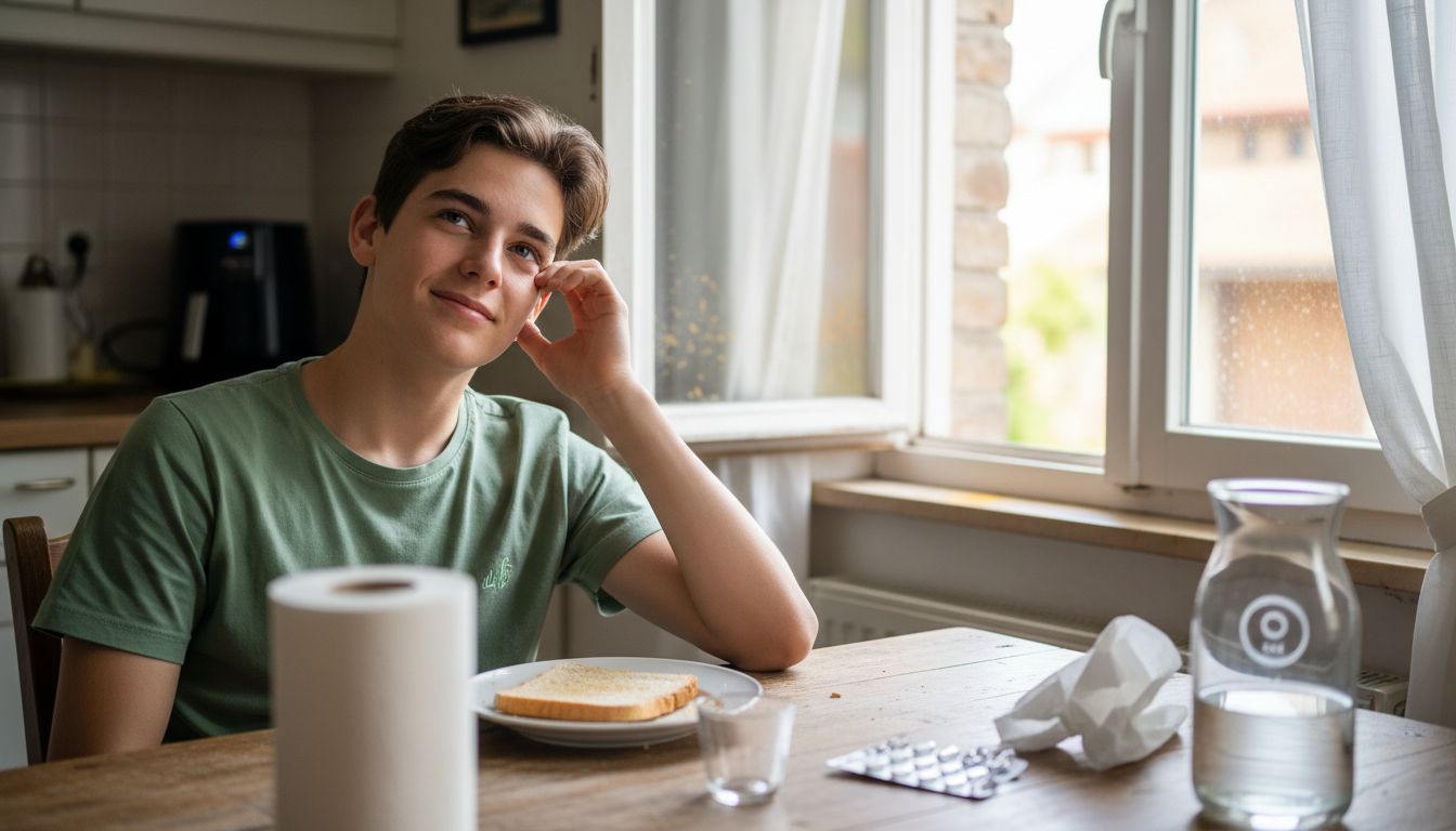 Teen rubbing eyes at kitchen table, allergy symptoms