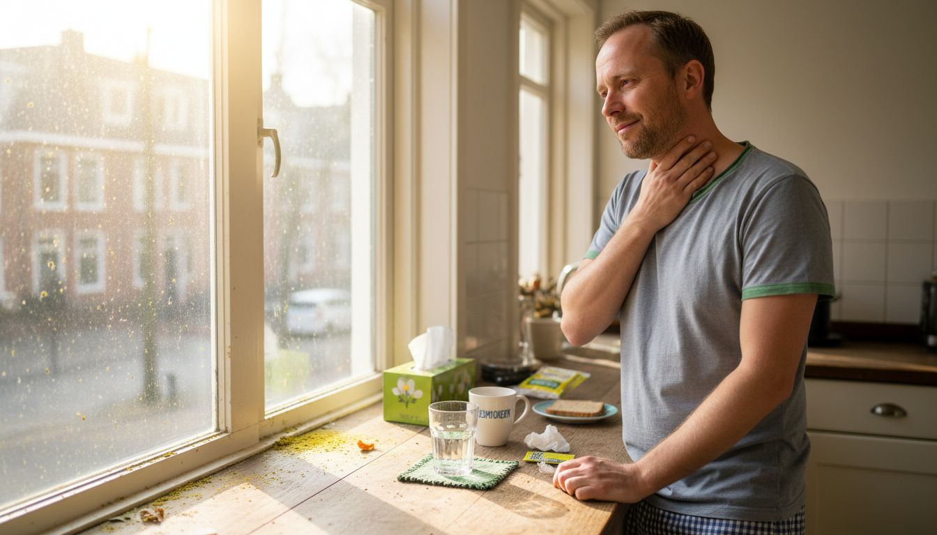 Man thuis met een geïrriteerde keel