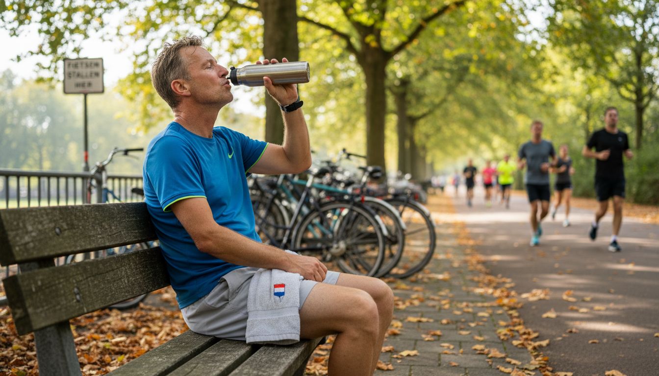 Na het sporten lest een man zijn dorst met een glas water.