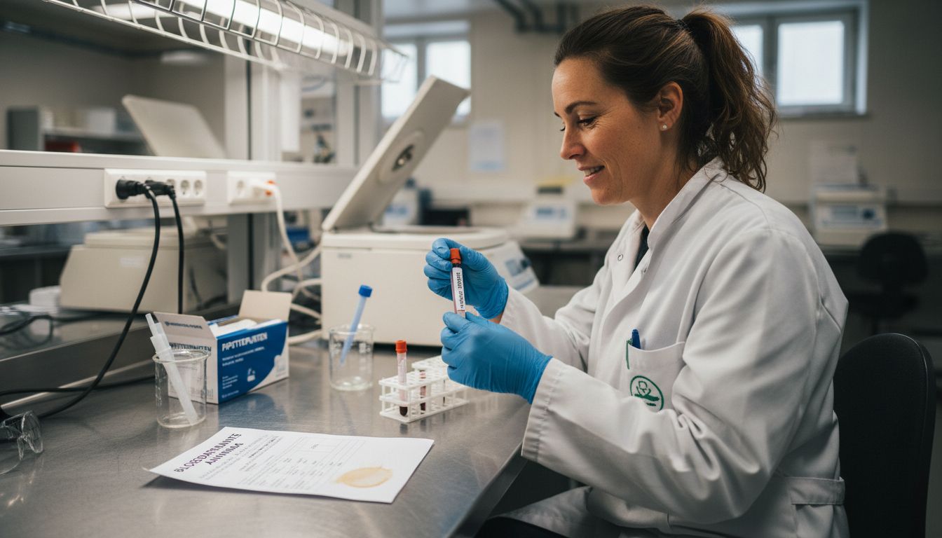 Een laborant voorziet buisjes met bloedmonsters van etiketten.