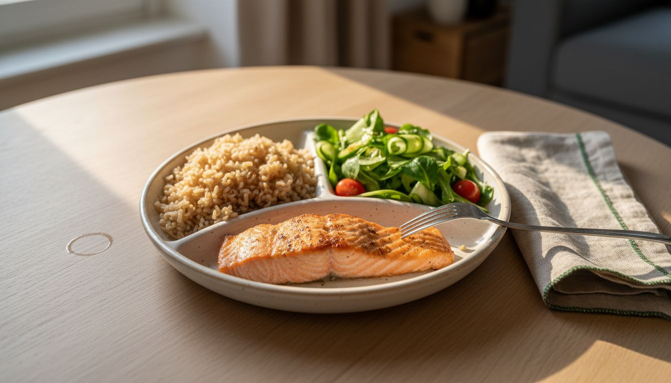 Bord met een verdeling van koolhydraten, eiwitten en vetten