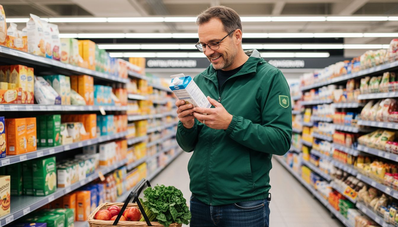 Een man bekijkt het etiket met voedingswaarden terwijl hij boodschappen doet.