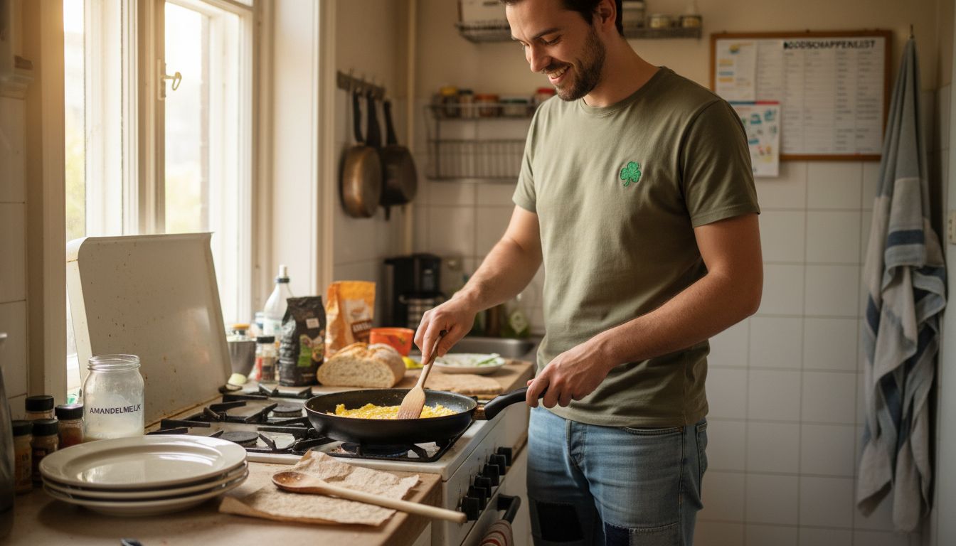 In een knusse keuken staat een man een omelet zonder zuivel te bakken.