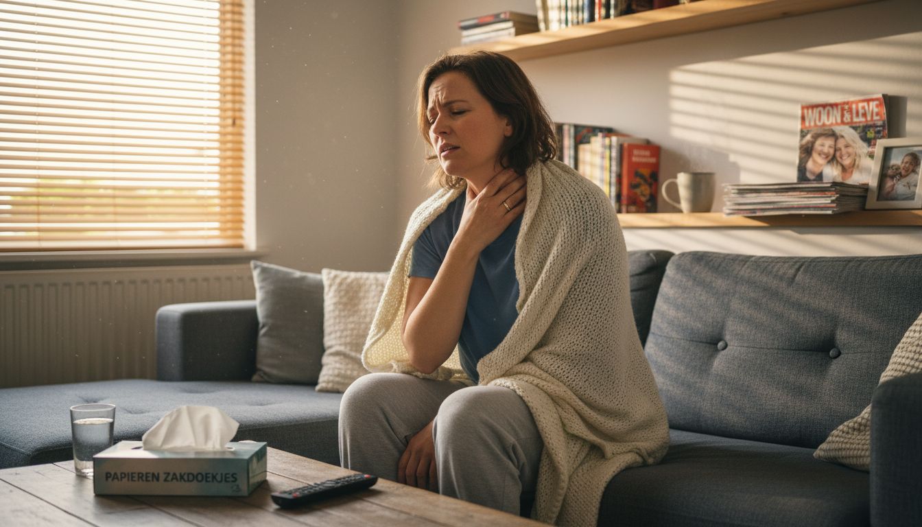 Vrouw ligt op de bank en heeft last van haar keel.