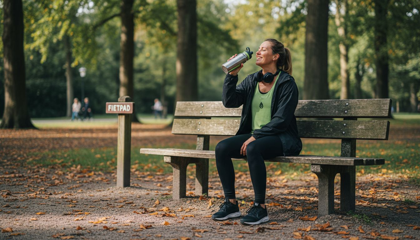 Na een rondje hardlopen in het park neemt een vrouw even de tijd om goed wat water te drinken.