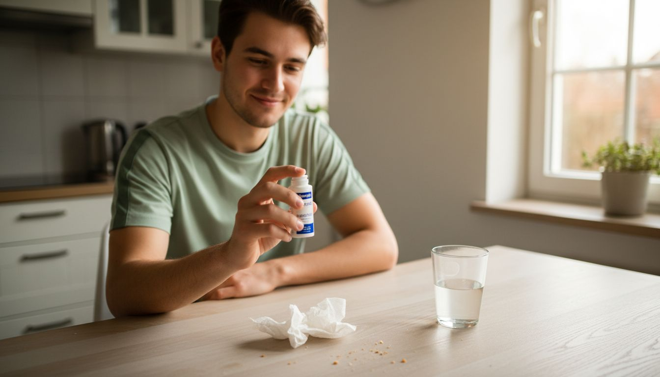 Man brengt op de juiste manier neusspray aan terwijl hij aan de keukentafel zit.