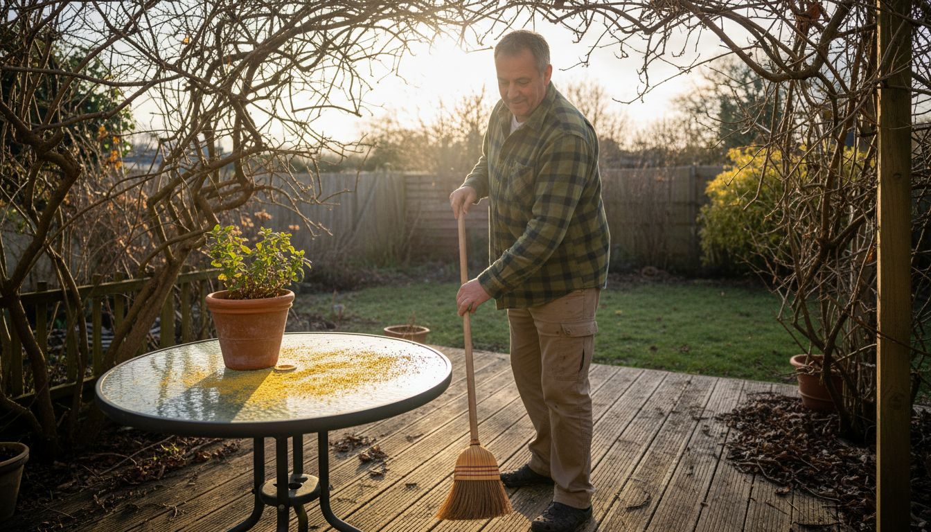 In het voorjaar veegt een man het stuifmeel van zijn tuintafel.