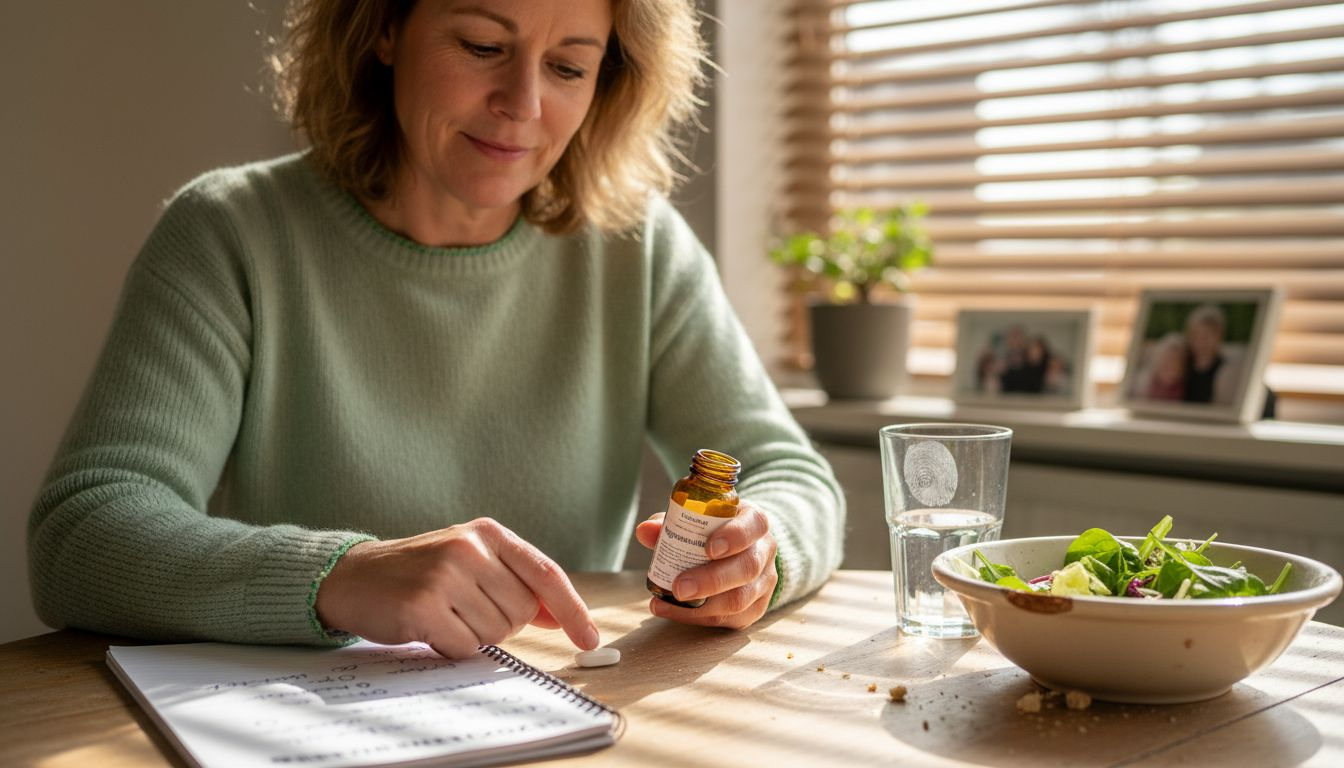 Een vrouw zit aan de keukentafel en bekijkt aandachtig een potje magnesiumtabletten.