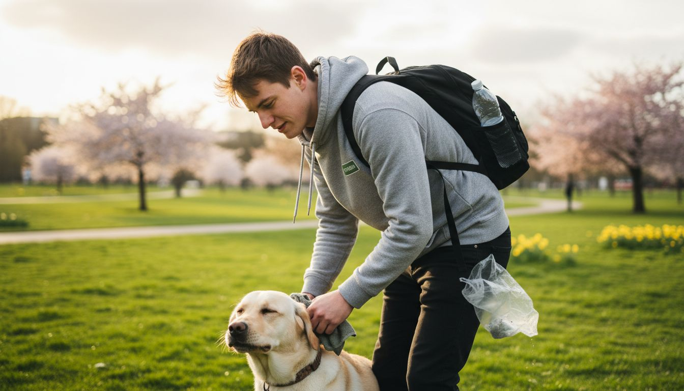 Het baasje zorgt ervoor dat zijn hond buiten geen last krijgt van pollen.