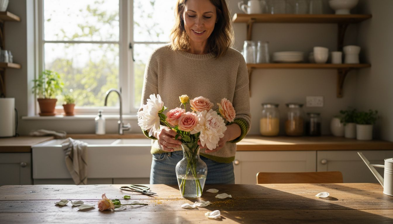 Om hooikoorts te voorkomen, kiest een vrouw voor bloemen met weinig stuifmeel in haar vaas.