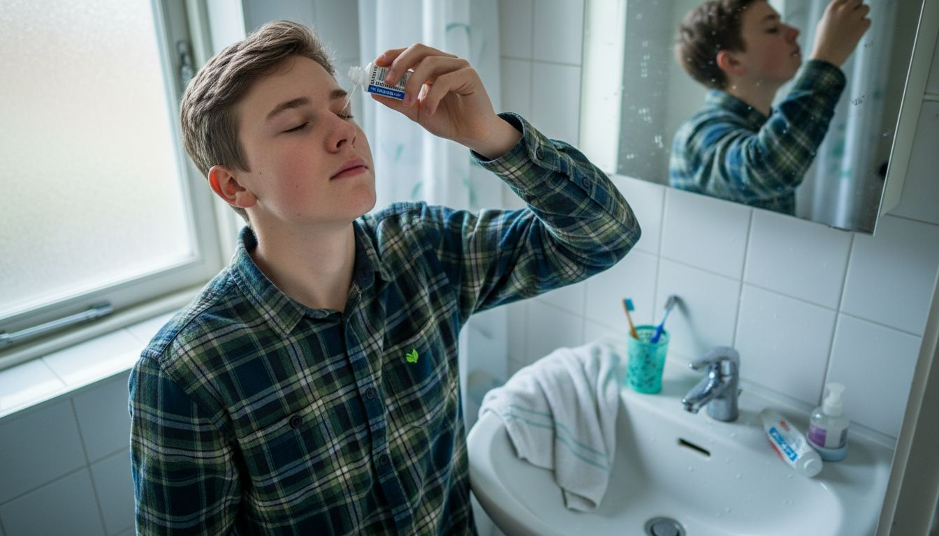 Een tiener gebruikt neusspray in een rommelige badkamer.